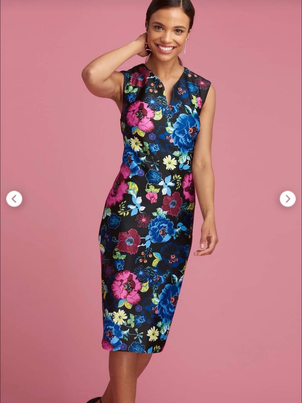 ECI Black Floral Sheath Dress with Pink, Blue & Yellow Blooms